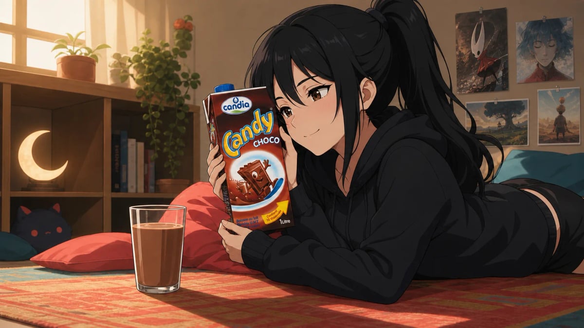 A cheerful anime girl hugging a carton of Candy Choco