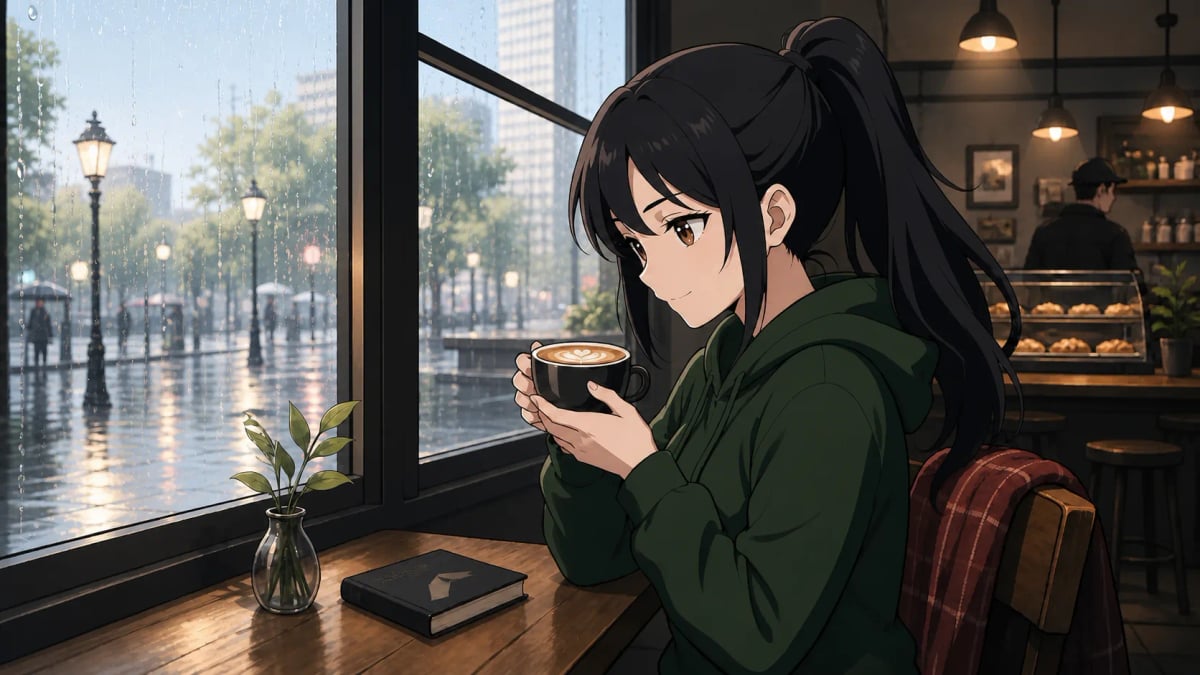 An anime woman enjoying a heart-topped cappuccino beside a rainy cafe window