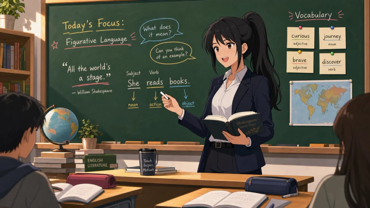 An anime English teacher holding a book beside a classroom chalkboard