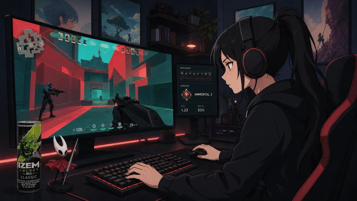 A focused anime gamer playing Valorant at night