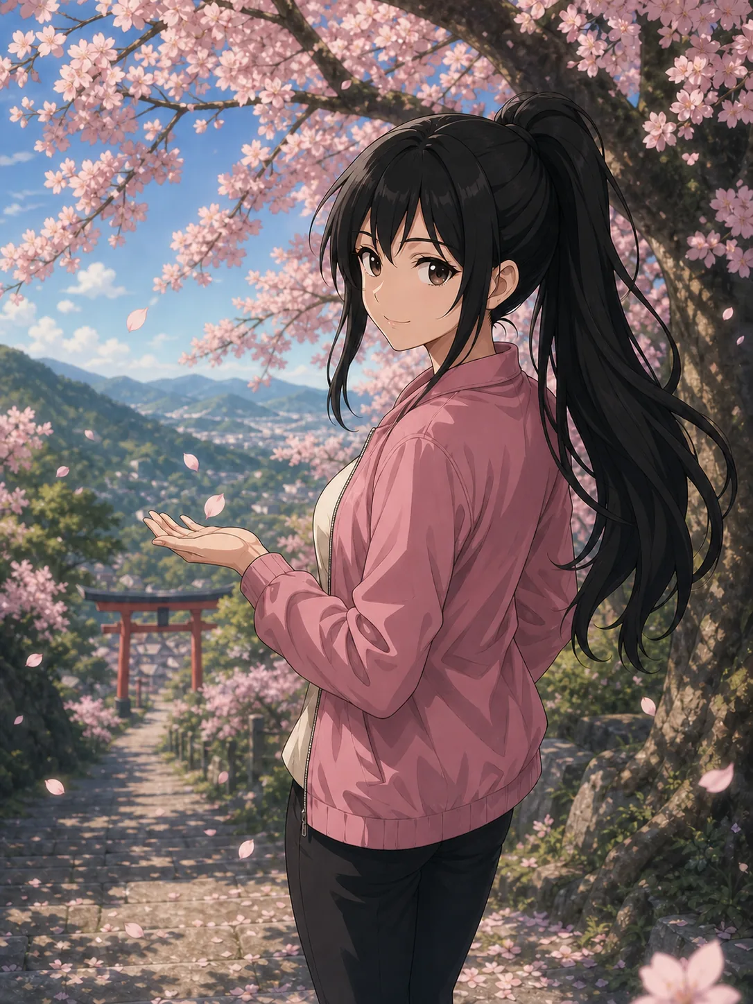An anime portrait of a dark-haired woman in a pink jacket beneath a blossoming sakura tree